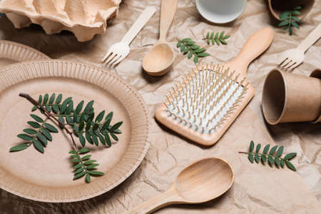 Different eco items on crumpled paper. Recycling conceptの写真素材