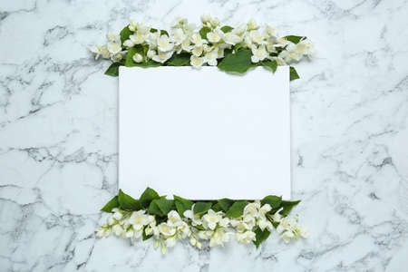 Blank canvas and beautiful jasmine flowers on white marble table, flat lay. space for designの写真素材