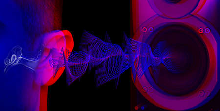 Modern audio speaker and man listening to sound, closeup view of ear. banner designの写真素材