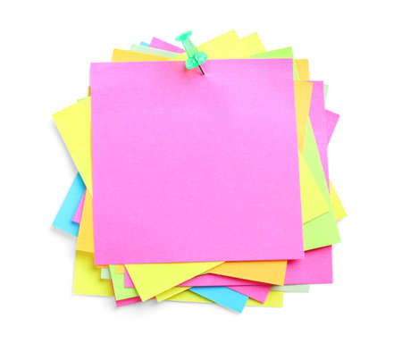Many colorful notes isolated on white. Space for text