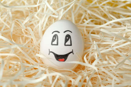 Egg with drawn happy face in straw, closeupの写真素材