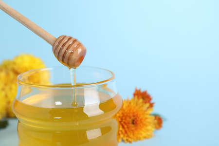 Jar of organic honey and dipper on light blue background, closeup. Space for text