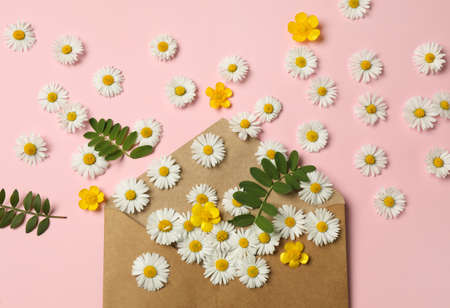 Flat lay composition with beautiful flowers, leaves and envelope on pink backgroundの写真素材