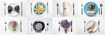 Set with examples of different beautiful table settings on white background, top view. banner designの写真素材