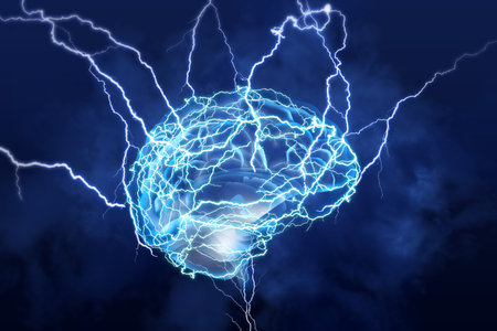 Illustration of human brain with lightning strikes on blue backgroundの写真素材