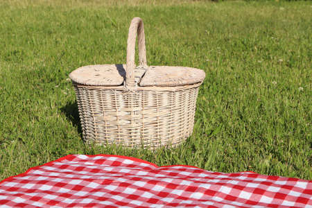 Picnic basket and checkered tablecloth on green grass outdoorsの写真素材
