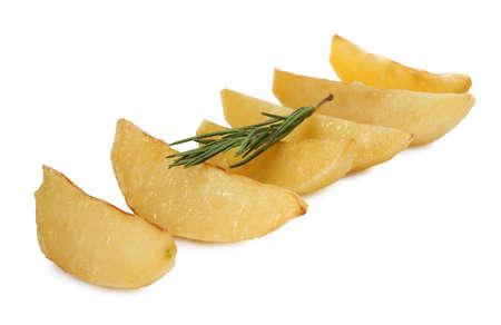 Tasty baked potato wedges with rosemary on white backgroundの写真素材