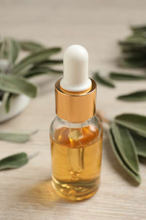 Bottle of essential sage oil, plant twigs and leaves on wooden table, closeupの写真素材