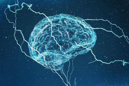 Illustration of human brain with lightning strikes on light blue background