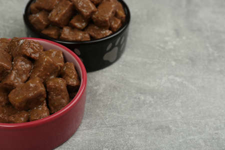 Wet pet food in feeding bowls on light gray background. Space for textの写真素材