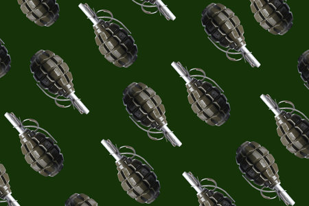 Set with hand grenades on green background, flat layの写真素材
