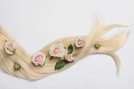 Lock of healthy blond hair with flowers on white background, top viewの写真素材