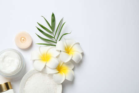 Composition with bath salt on white background, top view. spa treatmentの写真素材