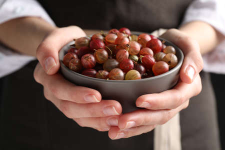 Woman holding bowl full of ripe gooseberries, closeupの写真素材