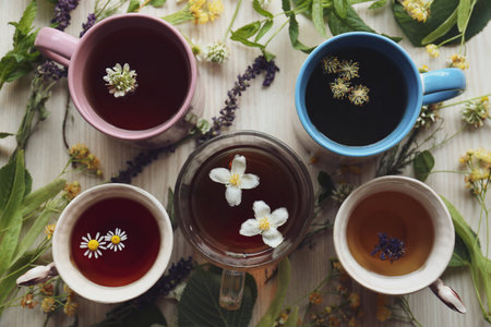 Different cups of hot aromatic tea and fresh herbs on white wooden table, flat lay