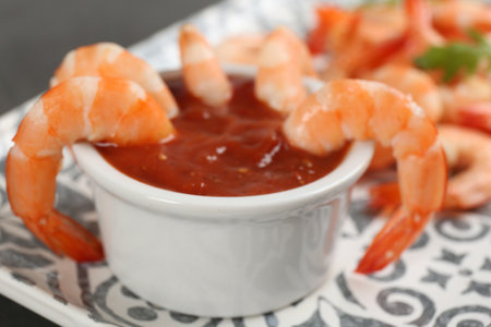 Delicious shrimp cocktail with tomato sauce, closeupの写真素材