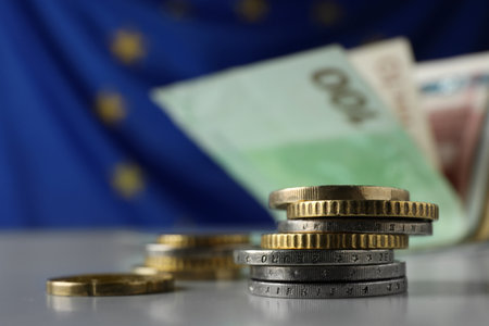 Many different coins on table against banknotes and European Union flag, closeup. Space for textの写真素材