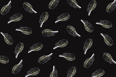 Set with hand grenades on black backgroundの写真素材