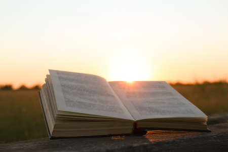 Open book on wooden bench in field at sunsetの写真素材