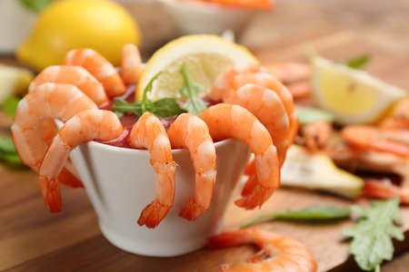 Delicious shrimp cocktail served on board, closeupの写真素材