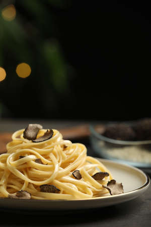Tasty fettuccine with truffle on table, closeupの写真素材