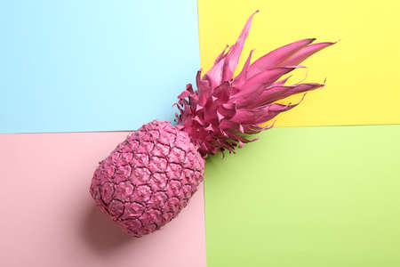 Pink pineapple on color background, top view. creative conceptの写真素材