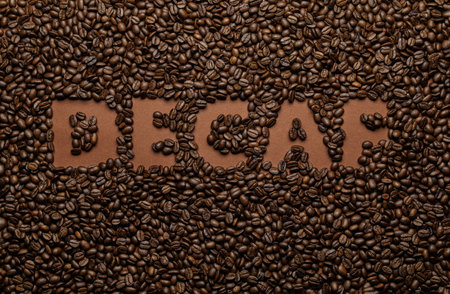 Word Decaf in coffee beans, top viewの写真素材