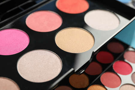 Beautiful palette of colorful eyeshadows as background, closeupの写真素材