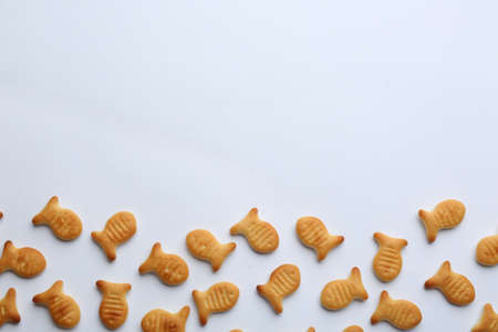 Delicious goldfish crackers on white background, top viewの写真素材