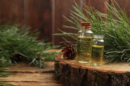 Pine essential oil, cone and branches on wooden table. Space for textの写真素材