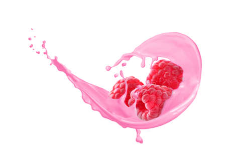 Splash of tasty raspberry yogurt and fresh berries on white backgroundの写真素材
