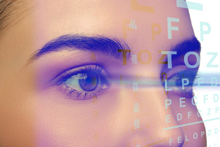 Close up view of woman and eye chart illustration. Visiting ophthalmologist