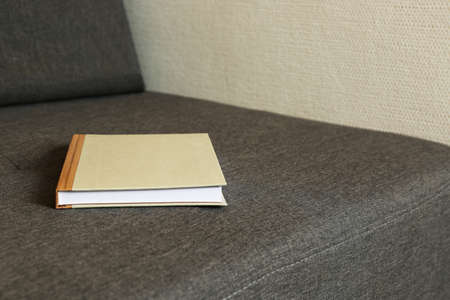 Hardcover book on gray sofa, space for textの写真素材