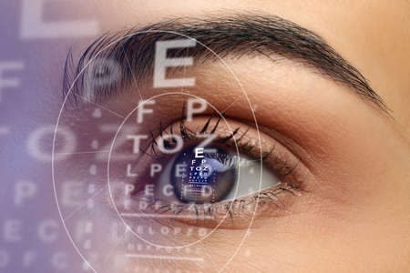 Close up view of woman and eye chart illustration. Visiting ophthalmologistの写真素材
