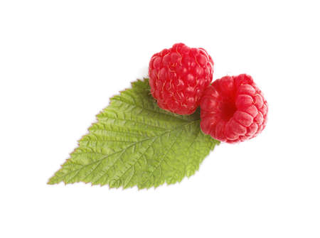 Fresh ripe raspberries with green leaf on white background, top view