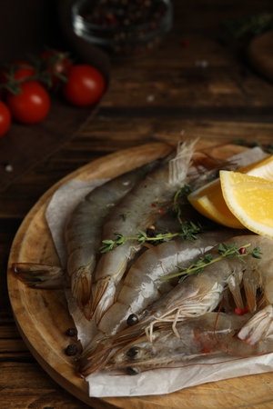 Fresh raw shrimps on wooden table, closeupの写真素材