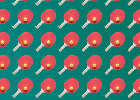 Table tennis paddles and balls on color background, flat layの写真素材