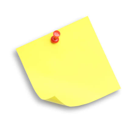 Blank yellow note pinned on white background, top view