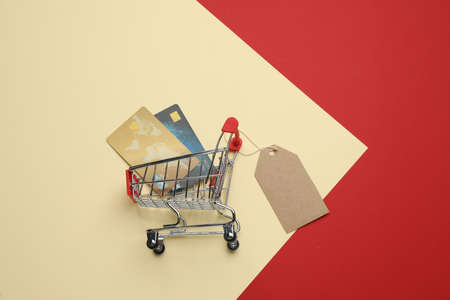 Shopping cart with credit cards and sale tag on color background, flat layの写真素材