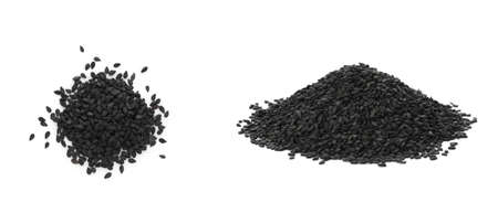 Black sesame seeds on white background, collage. banner designの写真素材