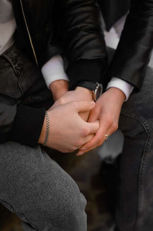 Lovely young couple enjoying time together outdoors, closeup. Romantic datesの写真素材