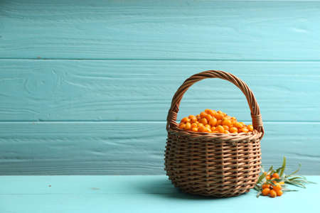 Fresh ripe sea buckthorn in wicker basket on light blue wooden table. Space for textの写真素材