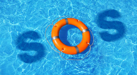 SOS message made from lifebuoy and shadow of letters in pool, top view