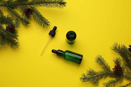 Flat lay composition with essential oil, fir branches and cones on yellow backgroundの写真素材