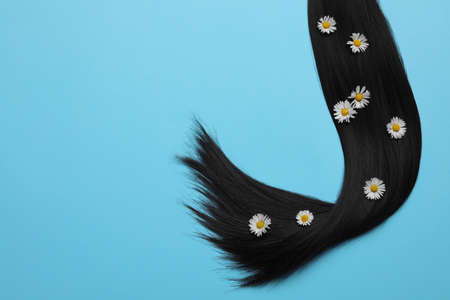 Lock of healthy black hair with flowers on light blue background, top view. Space for textの写真素材