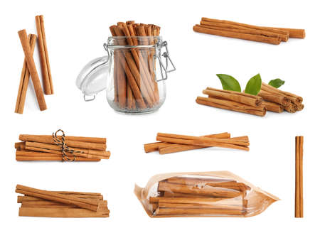 Set with aromatic dry cinnamon sticks on white backgroundの写真素材