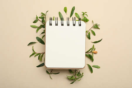 Flat lay composition with pomegranate branches and blank notepad on beige background. Space for text