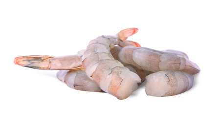 Pile of fresh raw shrimps isolated on whiteの写真素材