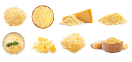 Set with delicious parmesan cheese on white background. banner designの写真素材