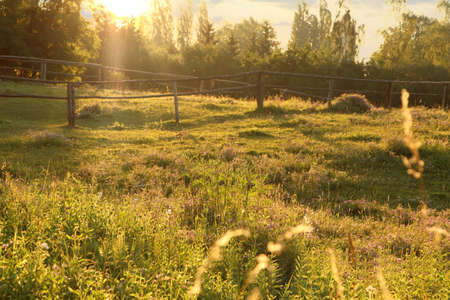 Picturesque view of the countryside with wooden fence in the morningの写真素材